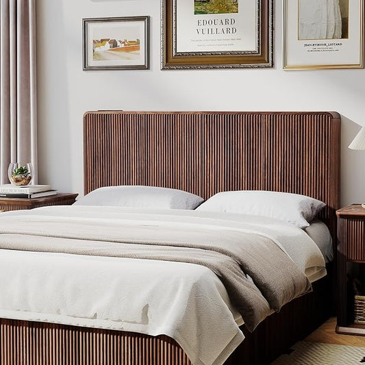 AVZEAR Fluted Headboard Queen Size, Modern Wood Queen Headboard Only, Mid Wall Mounted Headboard with 2 Outlets and USB & Type C Port, Century Curved Wooden Bed Headboards Bedroom Decor, Walnut