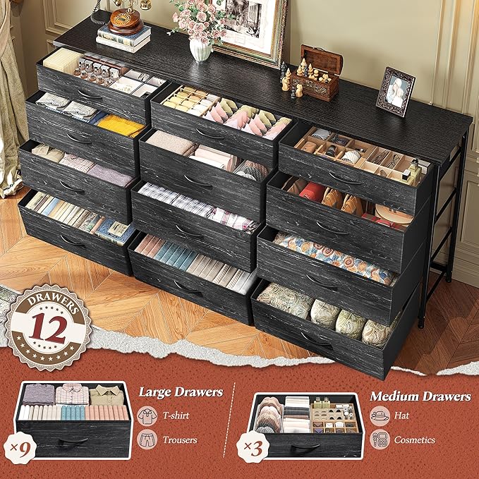 Romorgniz 55" Long Dresser for Bedroom with 12 Fabric Drawers, Entertainment Center for 60 inch TV Dressers & Chests of Drawers Large Organizer, Living Room, Metal Frame, Wood Top, Black