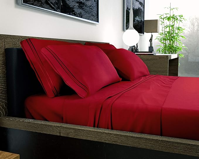 DREAMCARE Queen Sheet Set - 6 pcs Breathable Cooling Bed Sheets - up to 21" Extra Deep Pocket Queen Sheets Set with Side Pockets - Extra Soft 100% Brushed Hypoallergenic Hotel Luxury Bedding -Burgundy