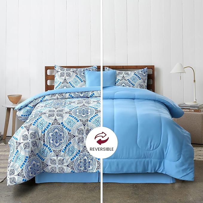 LUX Décor Reversible 5pc Queen Comforter Set, Printed Bedding Set, All-in-One Bed in a Bag, Includes 1 Comforter, 2 Pillow Shams, 1 Decorative Pillow & 1 Bed Skirt (Aztec Sky,Queen)