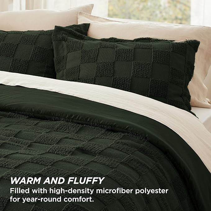 Bedsure Twin/Twin XL Size Comforter Set Dark Olive Green, Boho Tufted Bed Set, Checkered Farmhouse Shabby Chic Bedding, 2 Pieces, 1 Plaid Geometric Comforter and 1 Pillow Sham