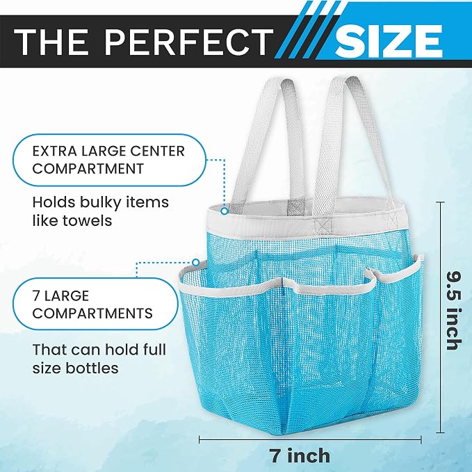 Handy Laundry Mesh Shower Caddy - 7 Pocket Portable Bathroom Organizer Tote for Travel, Gym & Dorm - Collapsible Small Shower Caddy Bag to Hold Toiletries & Essentials (Blue) - Image 3