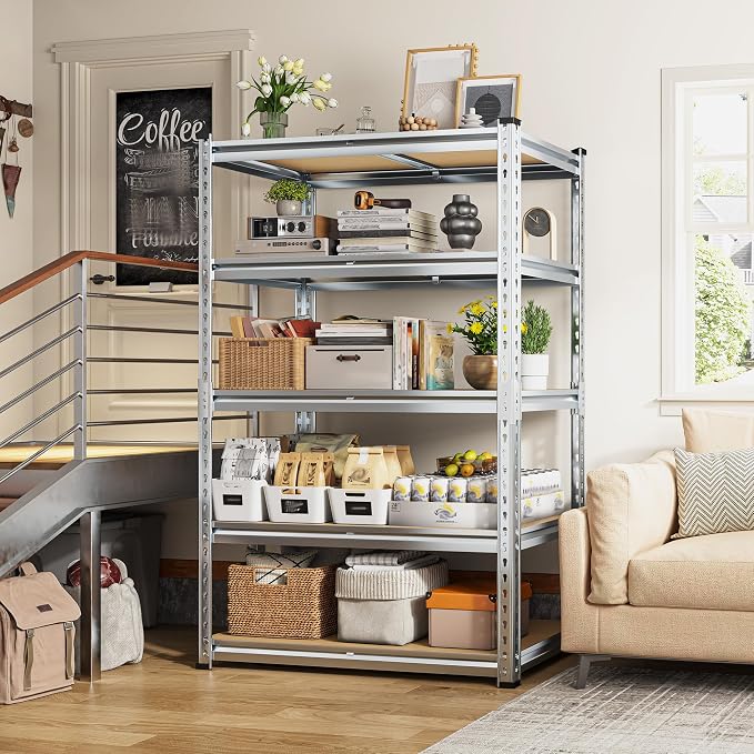 REIBII Garage Shelving, 5 Tier Storage Shelves Load 2400LBS, Adjustable Garage Shelving Heavy Duty, Metal Shelving Unit with Waterproof Columns, 35.5" W x 11.9" D x 72" H, Galvanized, 4 Pack - Image 2