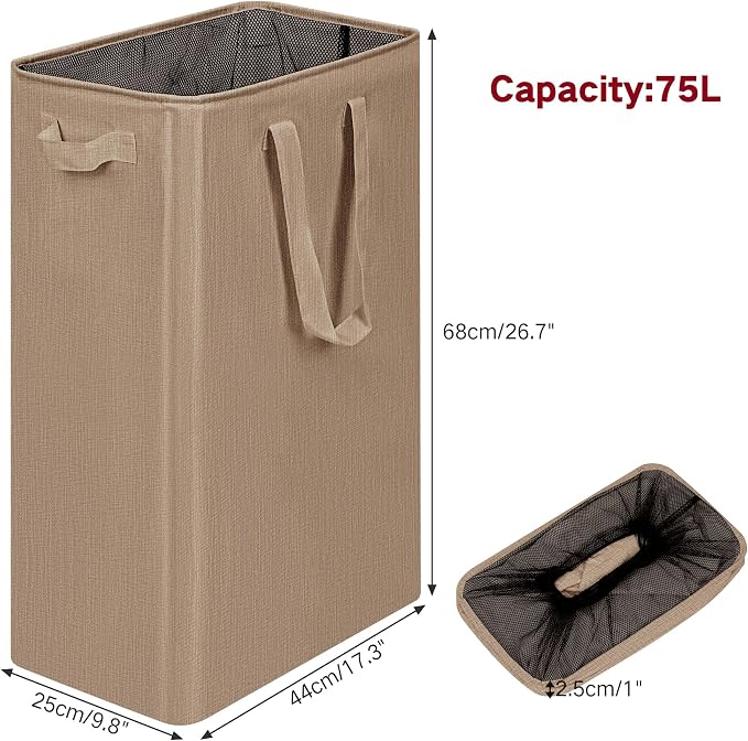 efluky Slim Laundry Basket, Narrow Laundry Hamper with Handles, Collapsible Dirty Clothes Hamper, Tall Laundry Bin for Laundry Room, Dorm and Bedroom, 19.8 Gallon (75L) Flax Brown - Image 2