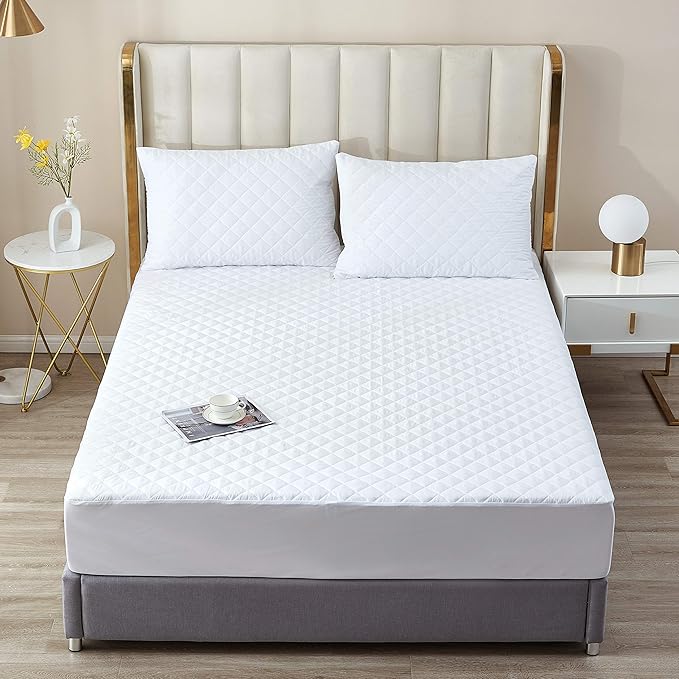 California King Waterproof Mattress Protector, Quilted Cooling Fitted Bed Mattress Cover Pad, 13"-15" Deep Pocket, Soft and Noiseless Machine Washable, Vinyl Free