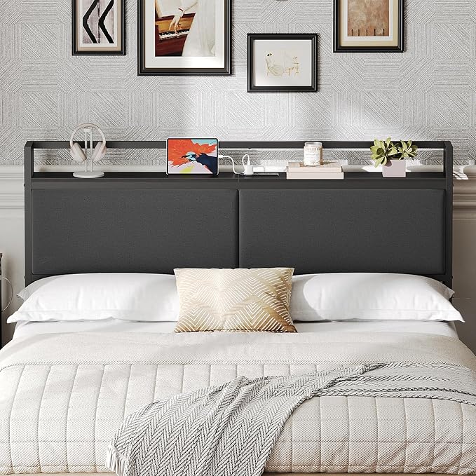 YATINEY Headboard with Charging Station, Queen Size Headboard Only, Upholstered Queen Head Board with Open Storage, Height Adjustable, Vintage Style, Sturdy and Stable, Black