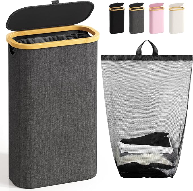 Bathola 75L Slim Laundry Hamper with Lid, Dirty Clothes Hampers for Laundry, Collapsible Laundry Baskets for Small Spaces, Bedroom, Bathroom, Laundry Room, Dark Grey by Bathola