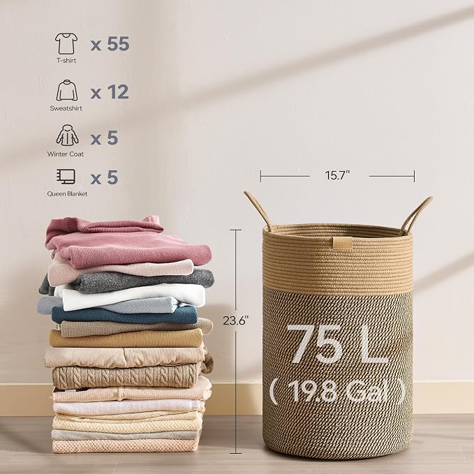 Nunsino Laundry Hamper 75L,Large Laundry Basket for Clothes,Decorative Storage Basket for Blankets,Cotton Rope Woven basket for bedroom,Dark Brown - Image 6