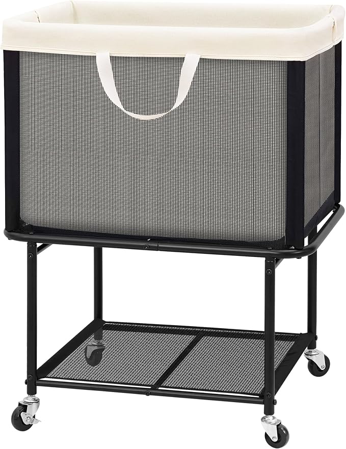 STO STO Rolling Laundry Hamper with Lockable Wheels, 29-Gallon (110L) Laundry Cart with Removable Canvas Bag, 2-Tier Clothes Basket Hamper with Shelf for Closet, Bedroom, Bathroom, Laundry Room by STOSTO