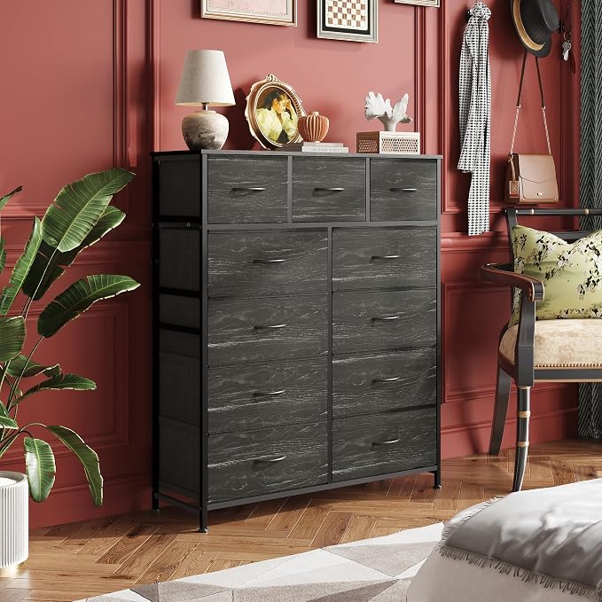 WLIVE Tall Dresser for Bedroom, Fabric Dressers Storage Tower, Dresser & Chest of Drawers with 11 Drawers, Storage Cabinet, Hallway, Closets, Steel Frame, Wood Top, Charcoal Black Wood Grain Print - Image 2