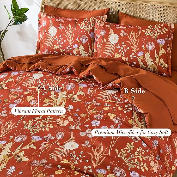 Yiran Queen Comforter Set 7 Piece,Burnt Orange Floral Bedding Set, Bed in a Bag Queen Size with Botanical Flowers Spring, Soft Lightweight Terracotta Comforters with Sheets Complete for All Season