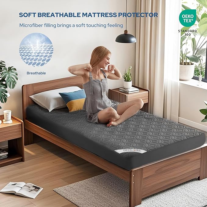 BEDLORE Waterproof Mattress Protector, Twin XL Size Mattress Pad with Deep Pocket 6"-15" Depth, Soft Breathable Dirt-Proof Bed Mattress Cover for Bedroom, College Dorm (Gray)