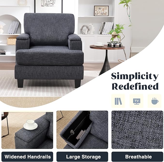 Accent Chairs Set of 2 with Armrest Storage, Modern Upholstered Reading Living Room Chairs, Comfy Large Armchairs, Fabric Single Sofa Chair for Bedroom (Dark Grey)