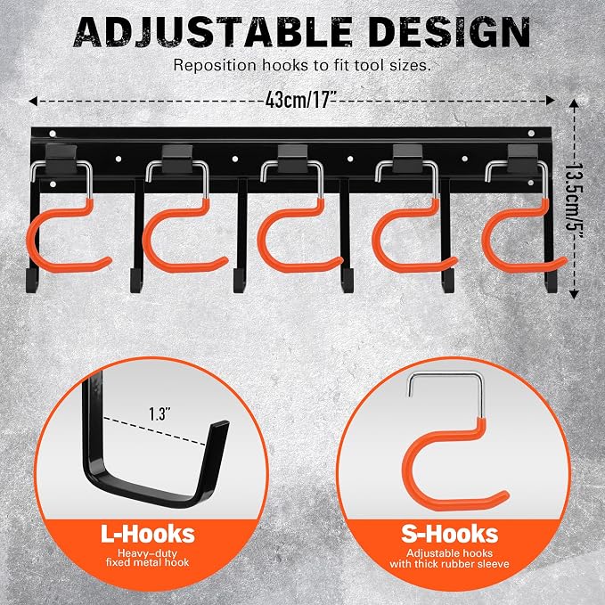 ELEAD 68'' All Metal Adjustable Garden Tool Organizer: Garage Tool Organizer Wall Mount with Orange Hooks, Garage Organizers and Storage, Tool Hangers for Shed - Image 2