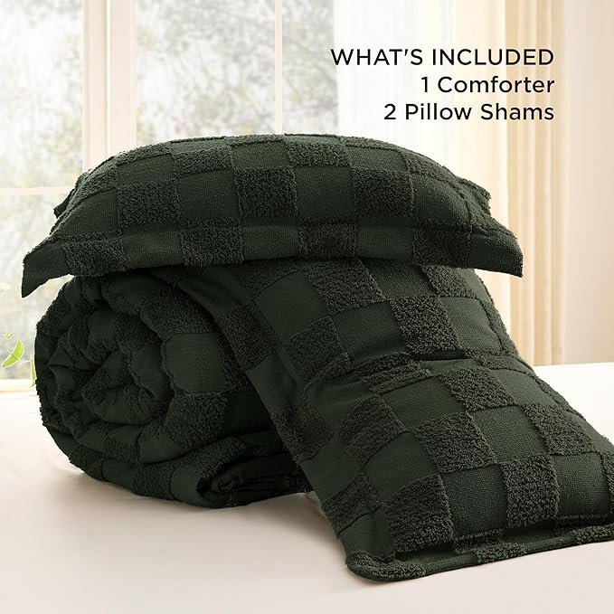 Bedsure King Size Comforter Set Dark Olive Green, Boho Tufted Bed Set, Checkered Farmhouse Shabby Chic Bedding, 3 Pieces, 1 Plaid Geometric Comforter and 2 Pillow Shams