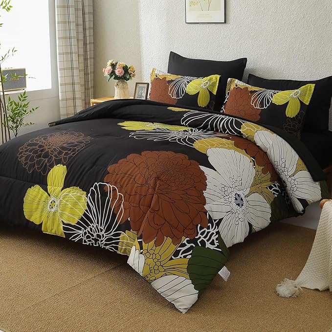Yiran 7 Pieces Boho Floral Comforter Sets Black Brown Yellow Lightweight Comforter Bed in a Bag Flowers Microfiber Bedding Set for All Season,Queen Size 90''x90''