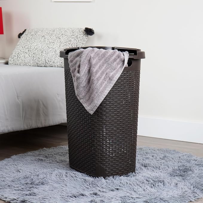 Mind Reader Slim Laundry Hamper with Lid, 60L Tall Clothes Basket, Narrow Tapered Design for Bathrooms, Closets and Laundry Rooms, Plastic, Brown - Image 2