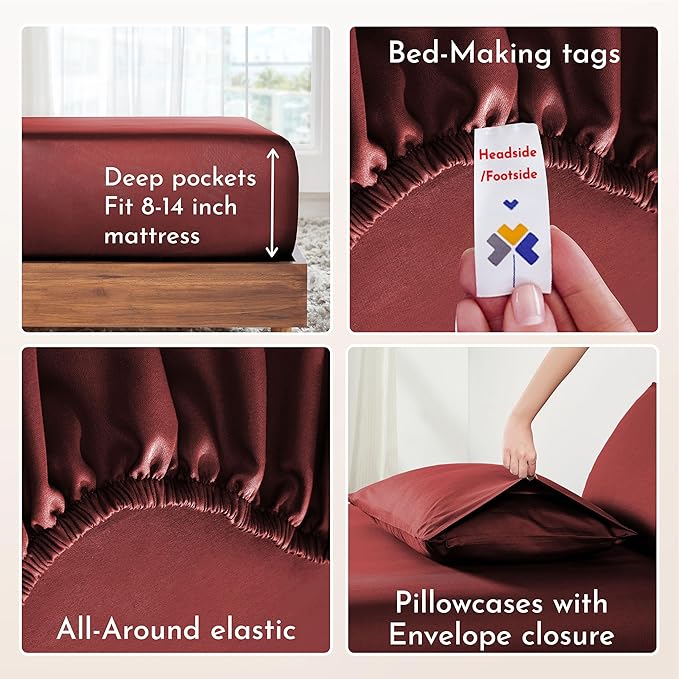 California Design Den Deep Pocket Queen Sheets Set - Natural 100% Cotton Sheets Queen Size Bed Set, Soft Sateen Weave, Breathable and Durable Bedding (Brick Red)