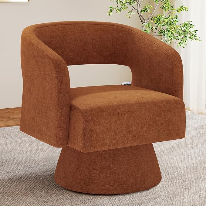Nebuaegis Swivel Accent Chair, Modern Comfy Chenille Barrel Chairs, Oversized Upholstered Round Arm Chair for Living Room, Bedroom, Reading Room, Caramel, 1 PCS
