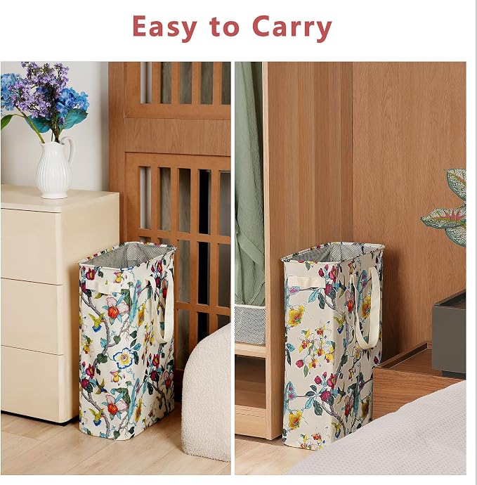 efluky Slim Laundry Basket, Narrow Laundry Hamper with Handles, Collapsible Dirty Clothes Hamper, Tall Laundry Bin for Laundry Room, Dorm and Bedroom, 48L (12.7 Gallon) Floral - Image 6