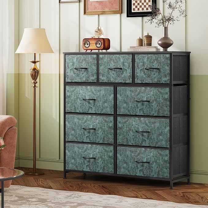 WLIVE 9 Drawer Dresser, Fabric Storage Tower for Bedroom, Hallway, Closet, Tall Chest Organizer Unit for Bedroom with Fabric Bins, Steel Frame, Wood Top, Easy Pull Handle, Vintage Green - Image 8