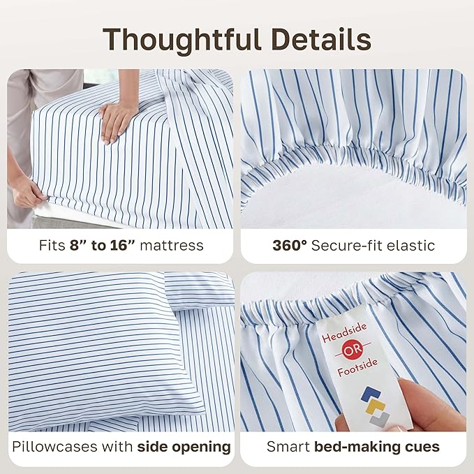 California Design Den Printed Striped Bed Sheets Full Size Set - 600 Thread Count, 100% Cotton Sateen, Premium Deep Pocket Full Sheet Set - Classic Blue Stripe Print