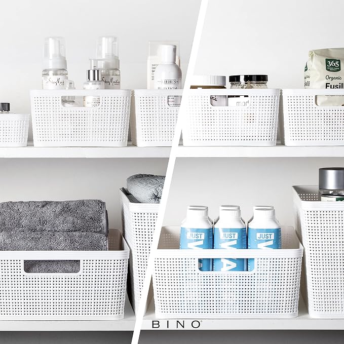 BINO | Woven Plastic Basket | Medium (White), 4-Pack | THE JUTE COLLECTION | Home Organization, Space - Saving Storage, Stylish Design | Jute Basket | Plastic Storage Basket - Image 5