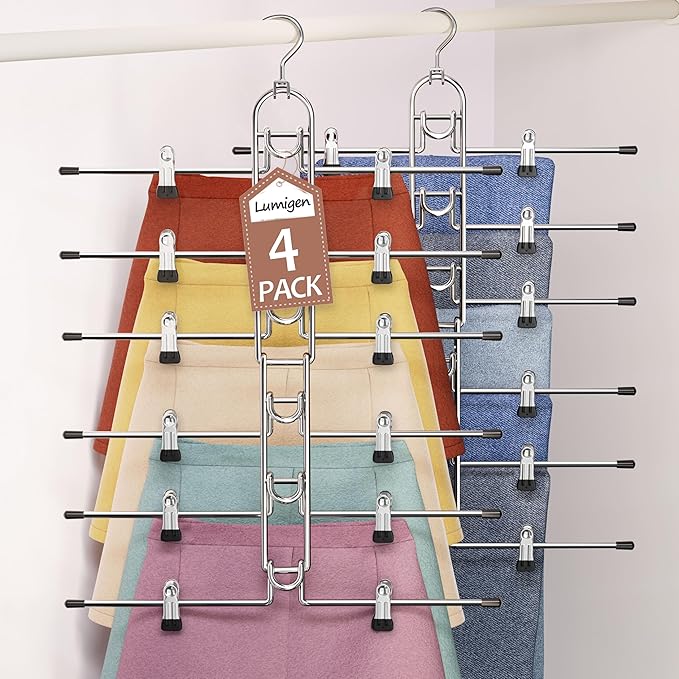 Pants & Skirt Hangers with Clips, Newly Upgraded Detachable - Space Saving Hangers, 6-Tiers Foldable Skirt Hangers for Women - Hanging Closet Organizer and Storage - 4 Pack, Patent Pending by Lumigens
