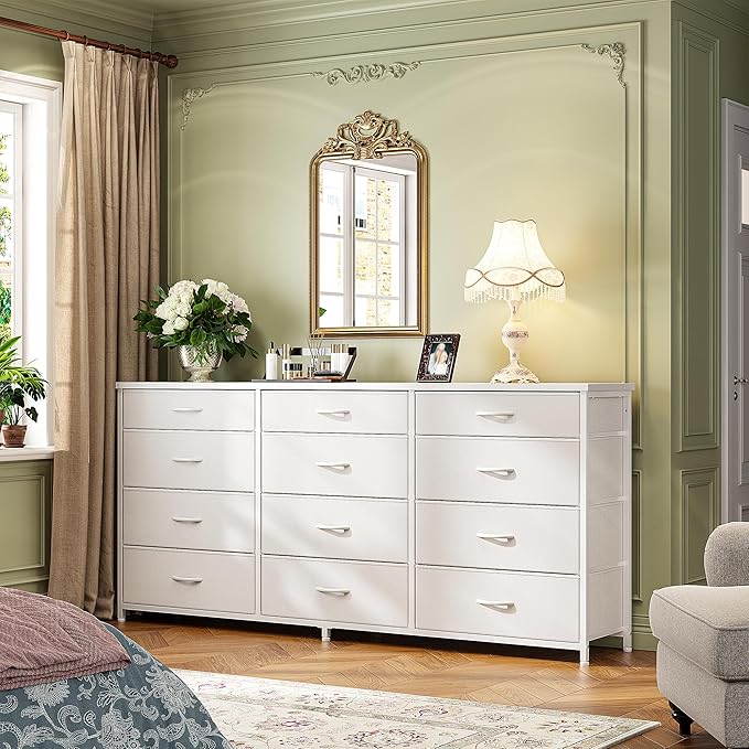 Romorgniz 55" Long Dresser for Bedroom with 12 Fabric Drawers, Entertainment Center for 60 inch TV Dressers & Chests of Drawers Large Organizer, Living Room, Metal Frame, Wood Top, White