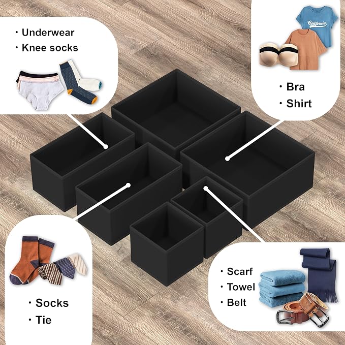 Simple Houseware Underwear Drawer Organizer for Lingerie/Undergarment/Bra/Panty/Sock/Onesie, Set of 6, Black - Image 4