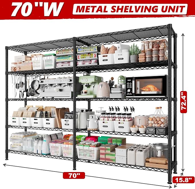 REIBII 70" W Storage Shelves Heavy Duty Load 1600LBS, Metal Shelving 5-Tier Wire Shelving Unit Metal Shelves for Storage Adjustable Shelving Rack for Pantry Kitchen 70" W*15.8" D*72.4" H, 2 Pack - Image 3