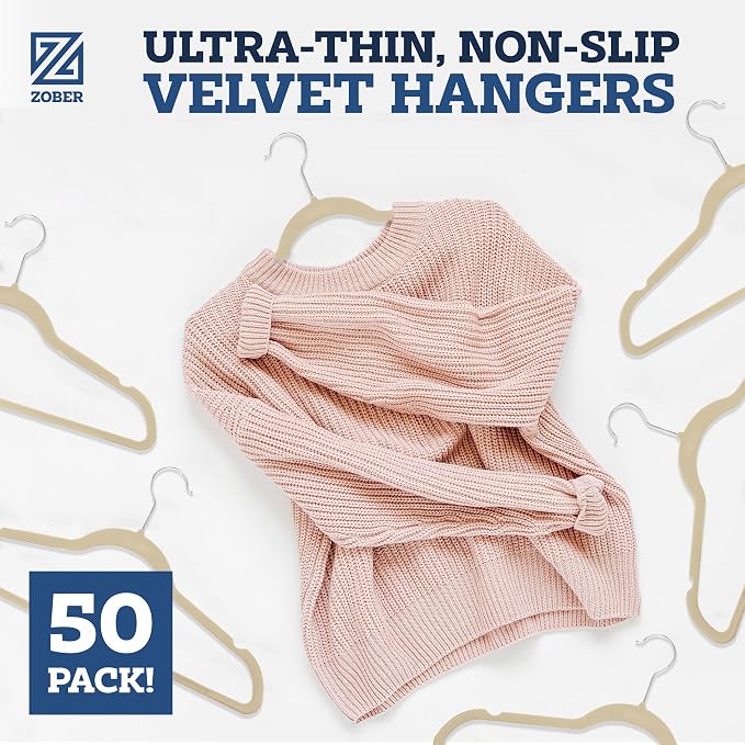 Zober Velvet Hangers 50 Pack - Ivory for Coats, Pants & Dress Clothes - Non Slip w/ 360 Degree Swivel, Holds up to 10 lbs - Strong Felt Hangers for Clothing - Image 9
