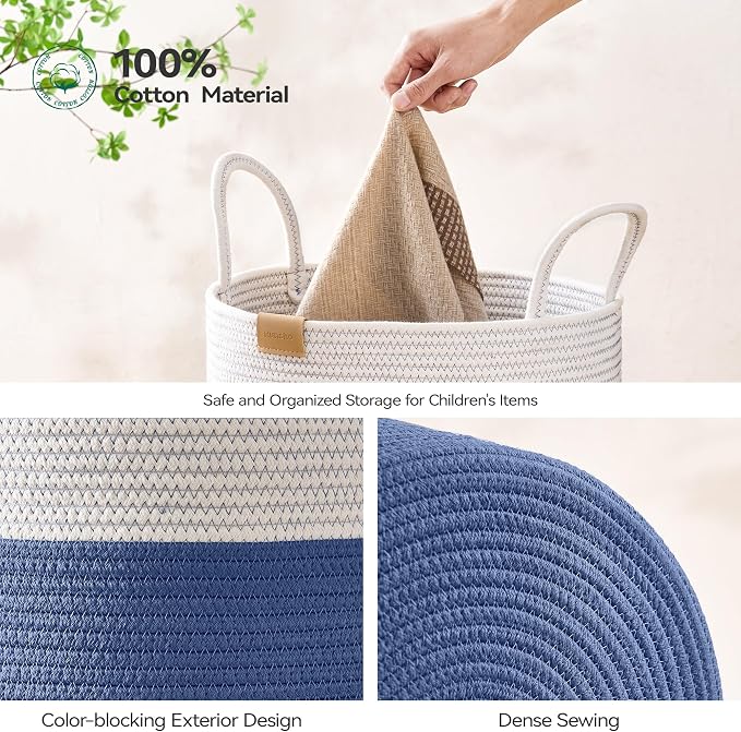 Nunsino Laundry Hamper 95L,Large Laundry Basket for Clothes,Decorative Storage Basket for Blankets,Cotton Rope Woven basket for bedroom,Navy Blue - Image 5