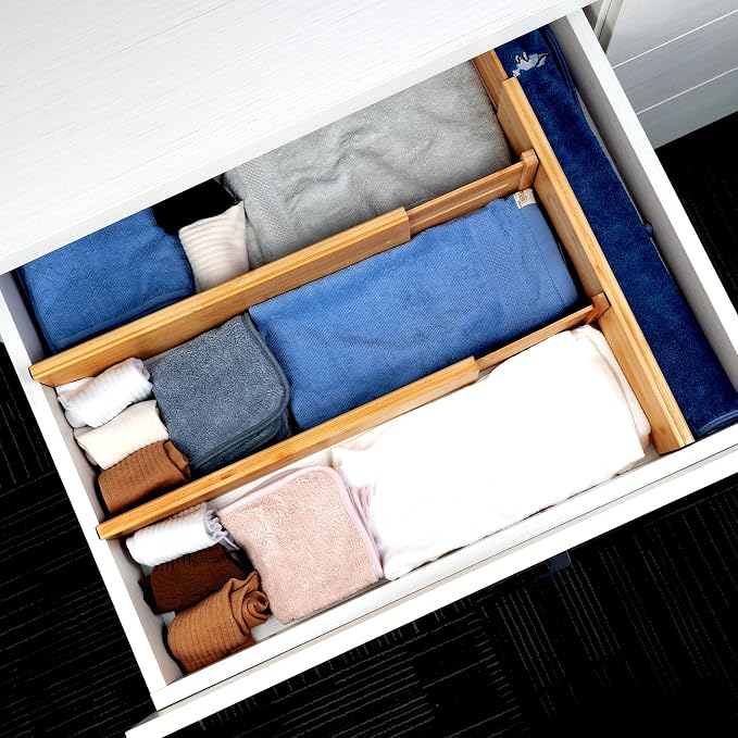 Utoplike Bamboo Drawer Dividers Large, 4'' High Adjustable Kitchen Drawer Organizers for Clothing, Spring Loaded, Works in Bathroom, Bedroom, Dresser, Desk, 4 pcs - Image 4