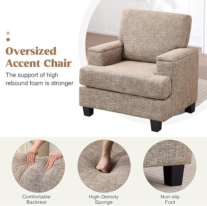 Accent Chair for Living Room, Modern Upholstered Reading Chairs with Armrest Storage, Comfy Large Armchair, Fabric Single Sofa Chair for Bedroom (Yellowish Brown)