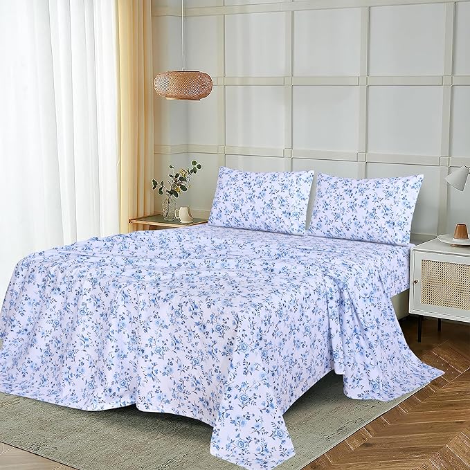 RUVANTI 100% Cotton Sheets – King Size Percale Bedding, Cooling & Breathable Floral Design, Durable with a Crisp, Soft & Comfortable Feel, 16" Deep Pocket, 4-Piece Set, Annual