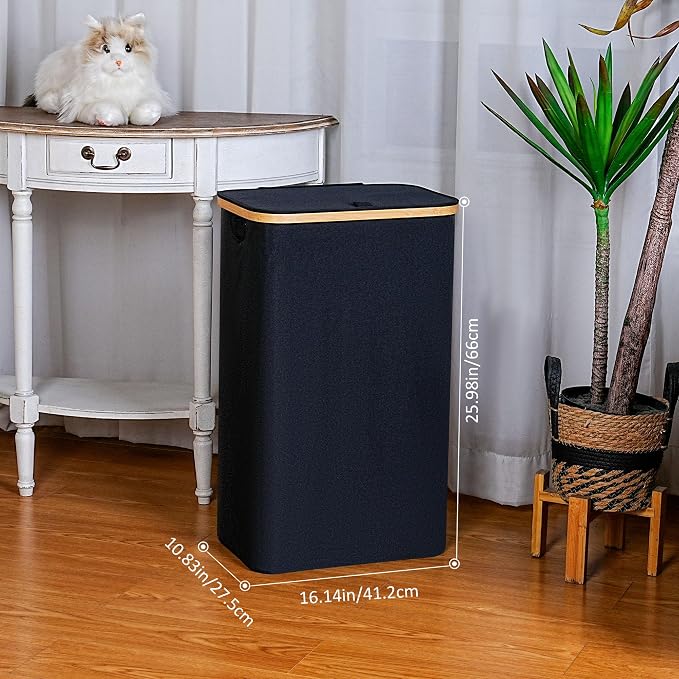 iEGrow 75L Slim Laundry Hamper, Narrow Laundry Basket with Lid,Foldable Clothes Hamper with Bamboo Handles,Hamper Basket with Removable Inner Bag for Laundry Room Bedroom College Dorm,19.8 Gals Black - Image 2