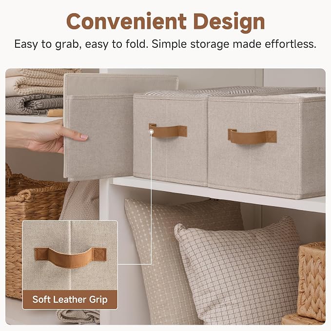 StorageWorks Shelf Baskets for Organization, Linen Closet Organizers and Storage Basket, Foldable Storage Bins, Closet Organizer Bins for Clothes, Brown & Beige, 3-Pack, Large - Image 3