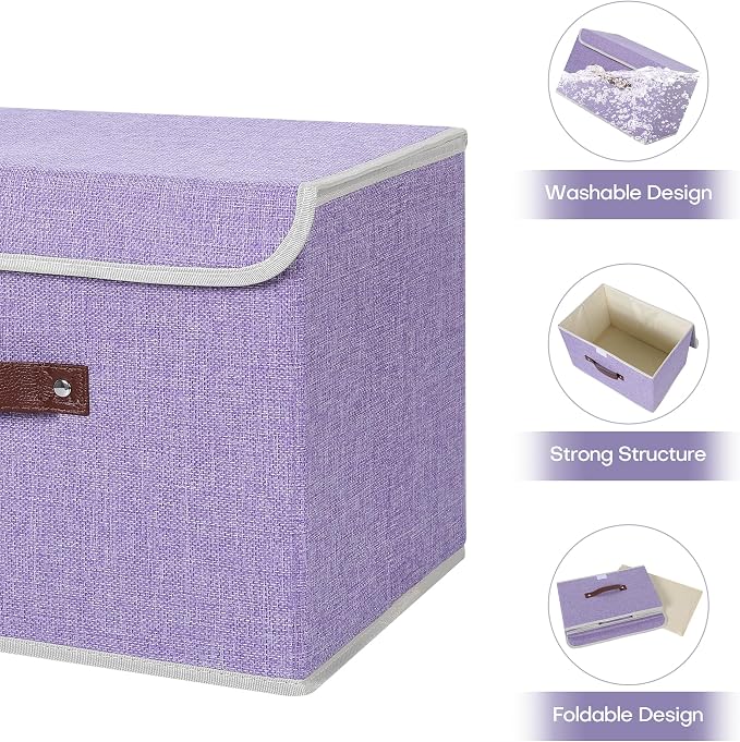ANMINY 4PCS Storage Bins with Lid PU Leather Handles Storage Boxes PP Plastic Board Decorative Foldable Lidded Cotton Linen Fabric Home Cubes Baskets Closet Organizer Containers - Purple, Large Size - Image 4