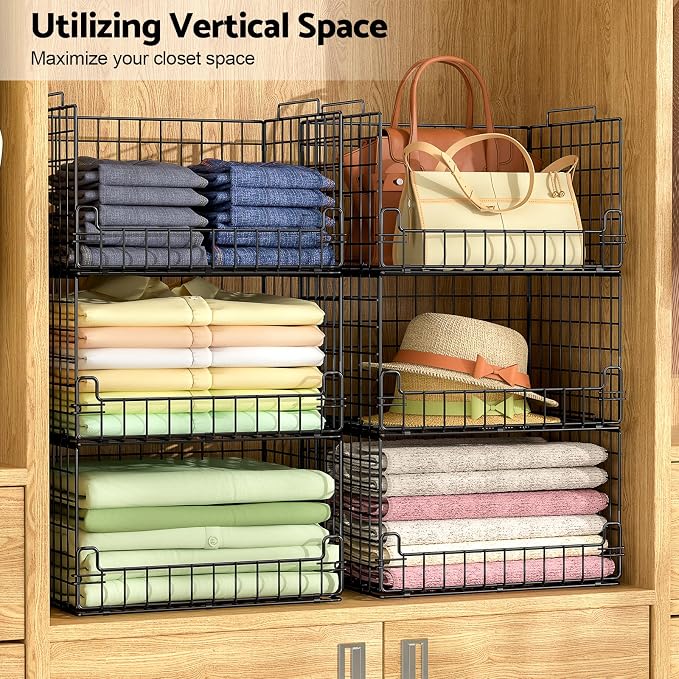 4-Tier Stackable Closet Organizers and Storage Basket - Foldable Closet Shelf Organizer System, Sturdy Metal Space-Saving Clothes Storage Bins for Wardrobe, Black - Image 4