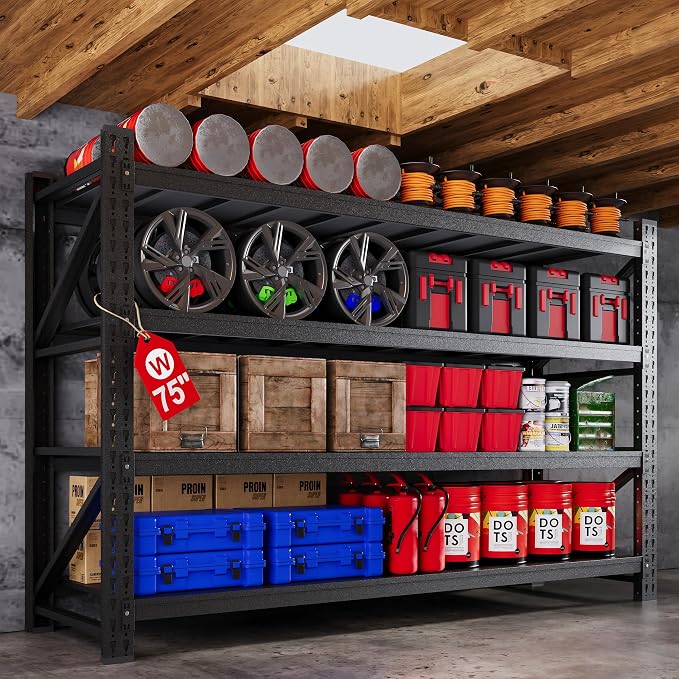 75”W Heavy Duty Metal Storage Shelves, 9000LBS Metal Garage Shelving Units, 24”Deep Rack Shelf, 4 Tier Steel Industrial Shelving , Adjustable Standing Shelf for Warehouse/Basement 75"W x 24"D x 70"H by AFAIF