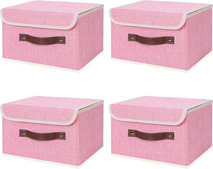 ANMINY 4PCS Storage Bins with Lid PU Leather Handles Storage Boxes PP Plastic Board Decorative Foldable Lidded Cotton Linen Fabric Home Cubes Baskets Closet Organizer Containers - Pink, Small Size by ANMINY