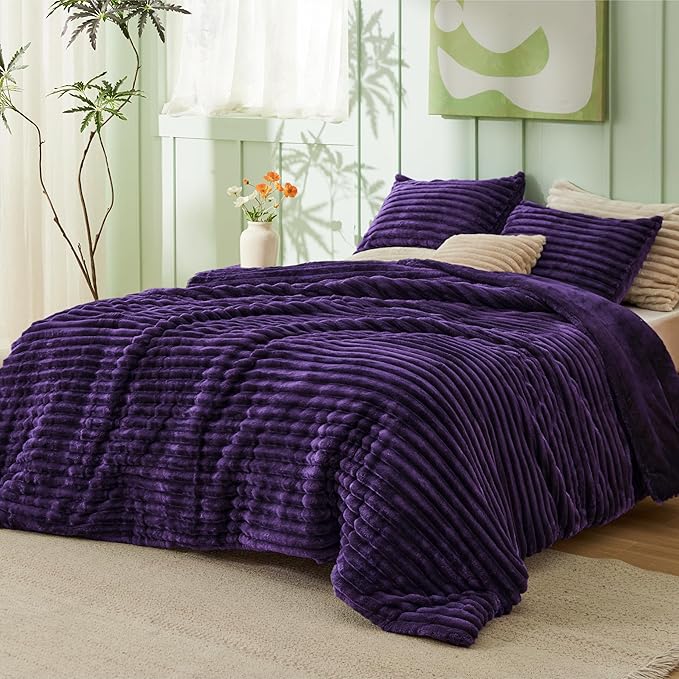 Bedsure Cal King Comforter Set - GentleSoft™ 3 Pieces Double-Side Fleece Fluffy Purple Comforter Set, Cozy Striped Room Decor Aesthetic, Luxury Cal King Bedding, 2 Pillowcases, 104x96 Inches