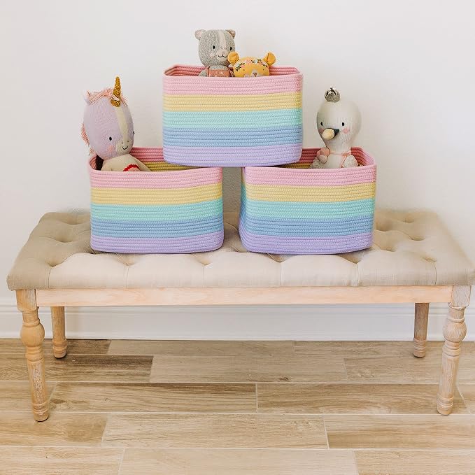 OrganiHaus Set of 3 Pastel Rainbow Baskets - Colorful Woven Storage Baskets for Playroom, Nursery & Classroom Decor, Toy Storage, 15x9x10 - Image 6