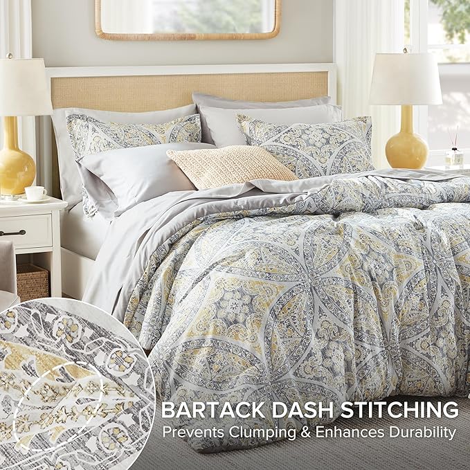 Comfort Spaces Bed in A Bag Comforter Set - Trendy Casual Design Queen Comforter with Complete Sheet Set with Side Pocket, All Season Comforter Queen, Shams, Gloria, Queen Grey/Yellow 9 Piece