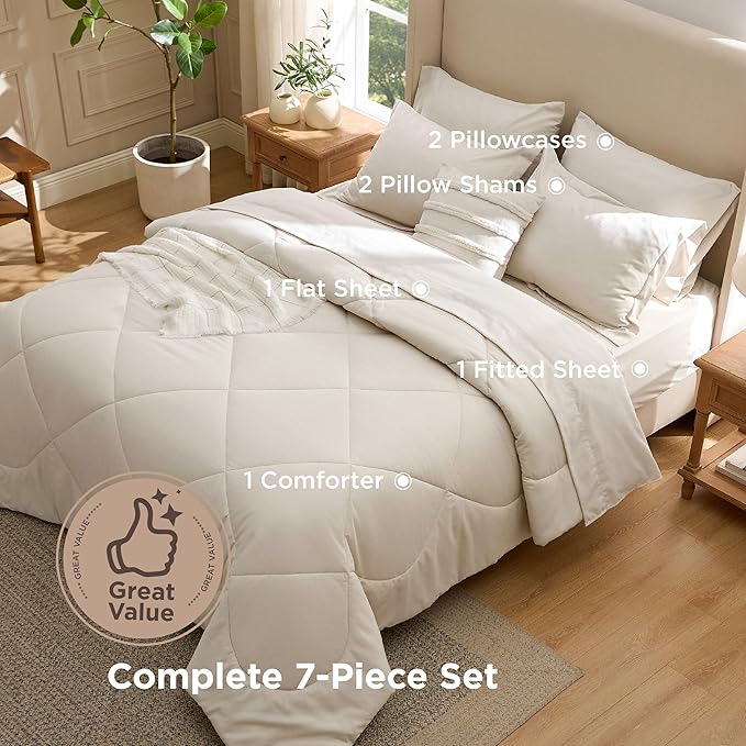 Bedsure 7 Pieces Full Comforter Set Premium Series, Hotel Luxury Soft Bed in a Bag, Goose Down Alternative, Safe for Sensitive Skin Bedding Comforter All Season Medium Warmth, Beige Wavy Quilted