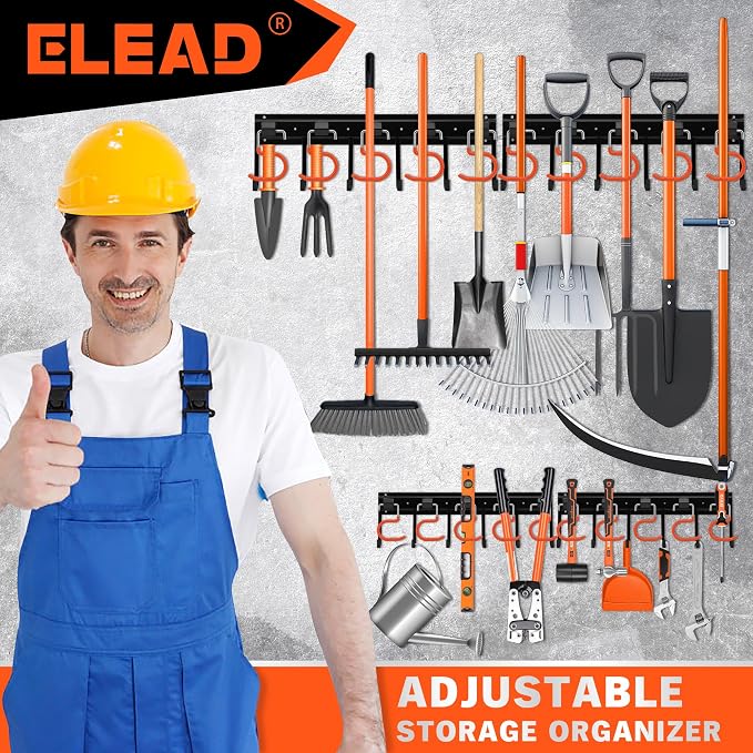 ELEAD 68'' All Metal Adjustable Garden Tool Organizer: Garage Tool Organizer Wall Mount with Orange Hooks, Garage Organizers and Storage, Tool Hangers for Shed - Image 8