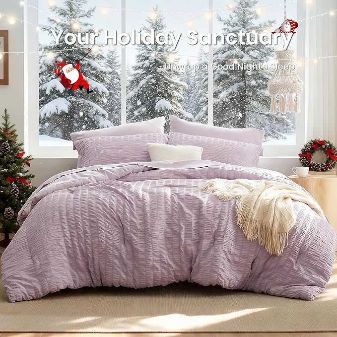 Love's cabin Seersucker Lavender Queen Comforter Set, 7-Piece All Season Lightweight Bed in a Bag Bedding Set with Comforter, Flat Sheet, Fitted Sheet, Pillowcases and Shams | Soft, Breathable, Lightweight
