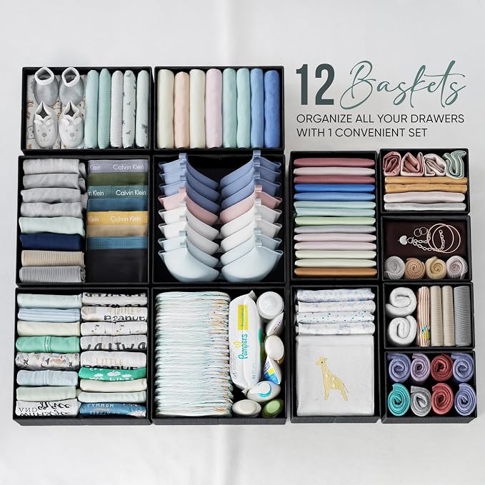 Drawer Organizer Clothes Set of 12 Black - Dresser Organizer For Nursery, Bedroom, Closet - Perfect Baby Clothes Organizer and Storage & General Nursery Organization or Dresser Drawer Organizers - Image 4