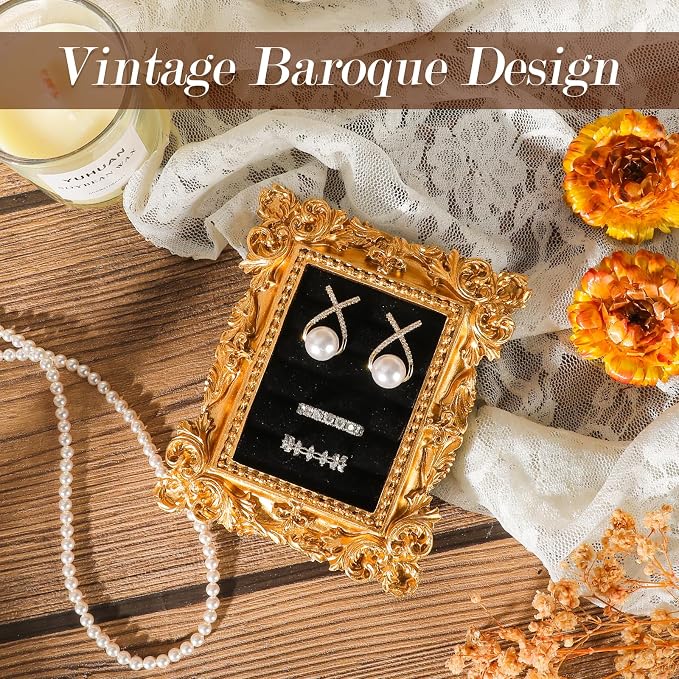 Vintage Ring Holder Rectangle Gold Velvet Display Stand - Baroque Jewelry Organizer Box Tray for Wedding Engagement Anniversary Women Birthday Christmas Gift Photograph Prop (MPF05-Gold Black) - Image 2